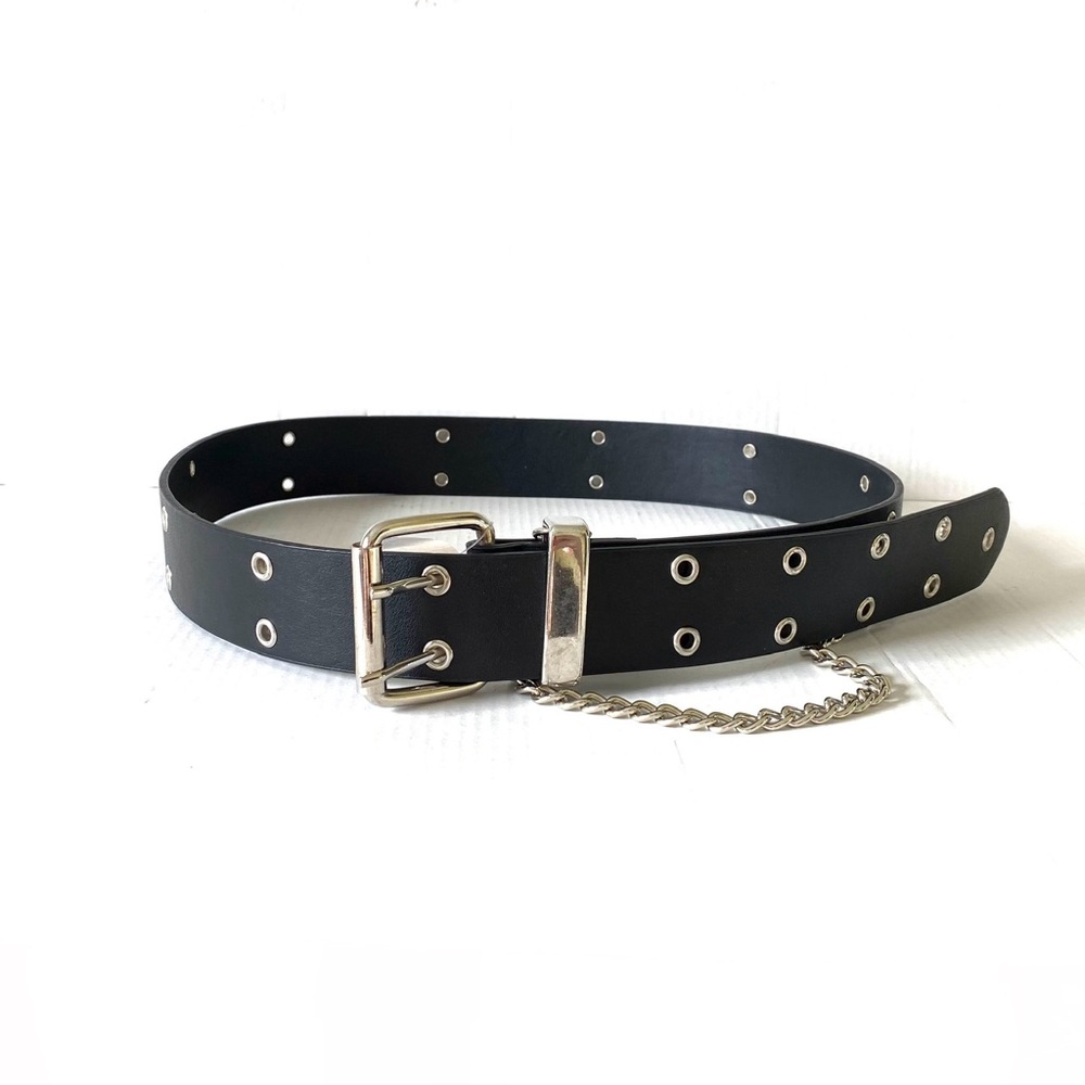Black Faux Leather Grommet Belt Double Eyelet Metal Chain Y2K Mall Goth Punk Emo